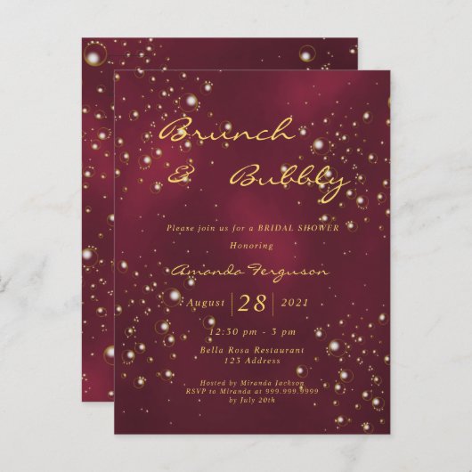 Burgund Brunch Bubbly Bridal Einladung Postkarte (Vorne/Hinten)