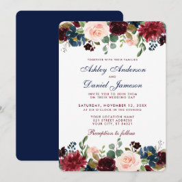 Burgund Burgund Wasserfarben Hochzeit Blaue Blumen Einladung