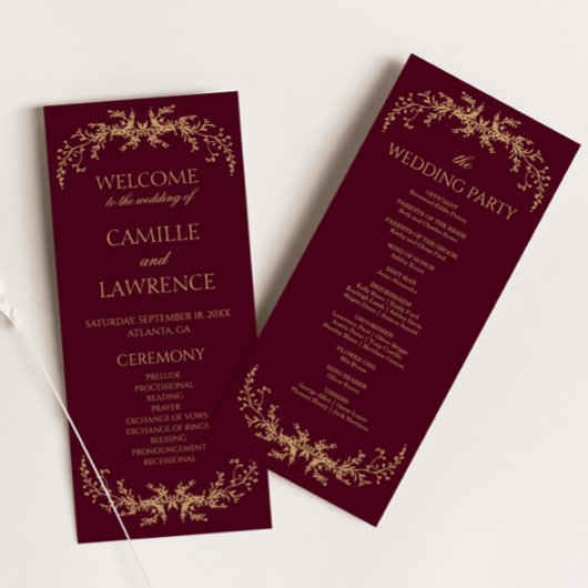 Burgund Champagne Toile Blumenrahmen Hochzeit Programm