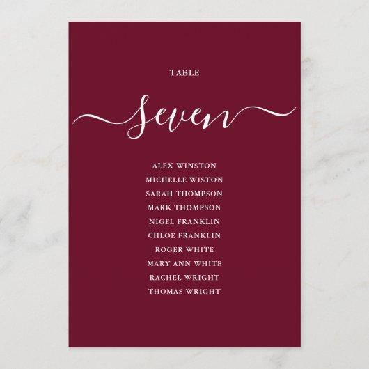 Burgund Chic Script Tischnummer Sitzplan (Vorderseite)