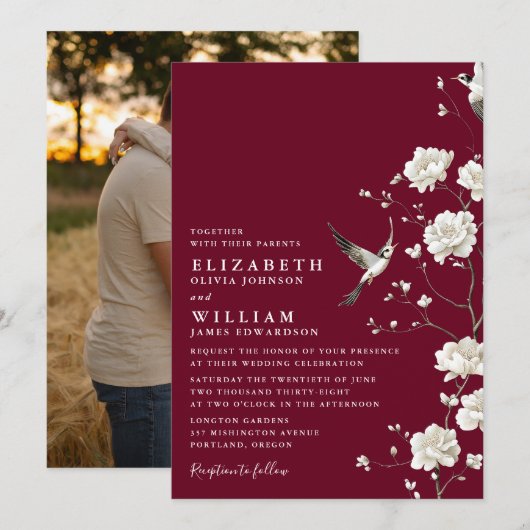 Burgund Chinoiserie Blumengarten Hochzeitsfeier Fo Einladung (Vorne/Hinten)
