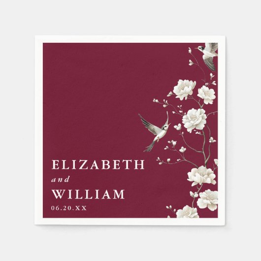 Burgund Chinoiserie Botanische Hochzeit Serviette (Vorderseite)