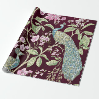 Burgund Chinoiserie Pfauenblume Geschenkpapier