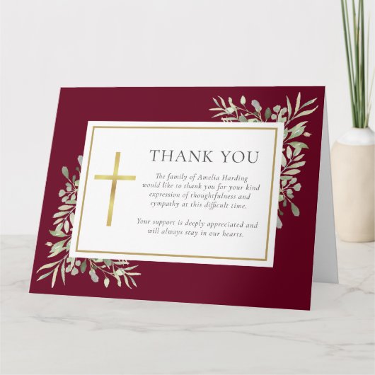 Burgund Christliche Beerdigung Wasserfarbenwelt Dankeskarte (Vorderseite)
