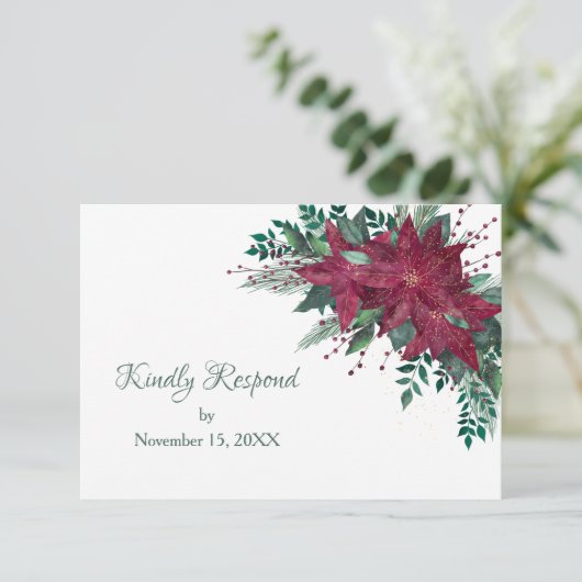Burgund Christmas Poinsettia Wedding RSVP (Stehend Vorderseite)