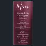 Burgund Cranberry Modernes und elegantes Hochzeits Menükarte<br><div class="desc">Burgund Cranberry Lila Moderne Imitate Metallic Stainless Steel Hochzeitsmenü. Dieses mädchenhafte,  moderne Marsala- und White Script-Wedding-Menü kann auf die Namen der Braut und des Bräutigam,  das Hochzeitsdatum und das Abendmenü abgestimmt werden. Dieses Menü ist Teil einer passenden Hochzeitskollektion und weitere passende Artikel können Sie beim Designer anfordern.</div>