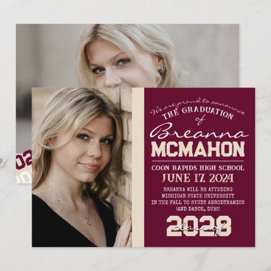 Burgund & Cream Abschluss 2 Foto Ankündigung (Vorne/Hinten)