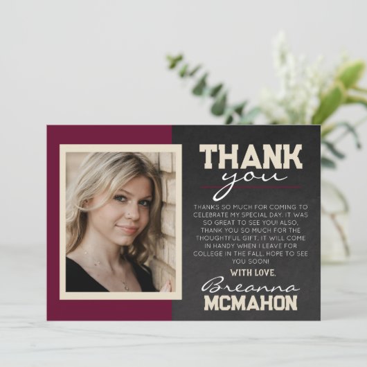 Burgund & Cream Abschluss 2 Foto Dankeschön Karte (Stehend Vorderseite)