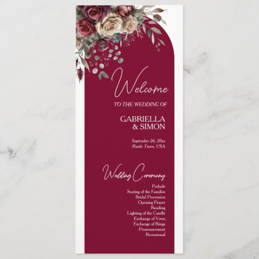Burgund & Cream Rose Stilvolle Arch Wedding Programm (Vorderseite)