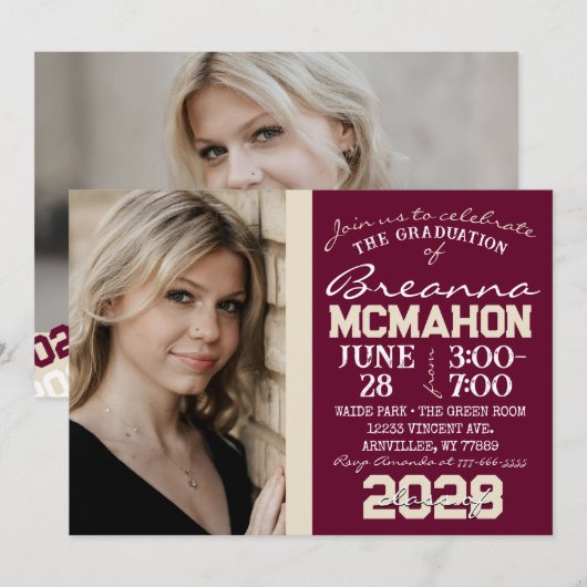 Burgund & Creme Abschluss 2 Foto Einladung (Vorne/Hinten)