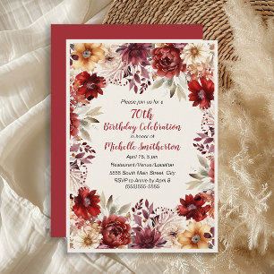 Burgund Creme Aquarell Blumen 70. Geburtstag Einladung