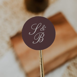 Burgund & Creme klassisches Skript-Monogramm-Hochz Runder Aufkleber