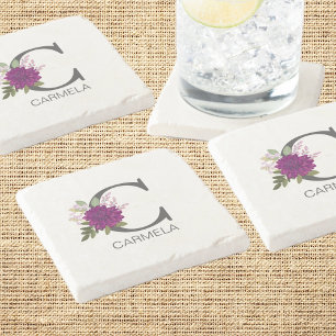 Burgund-Dahlie Florales Alphabet Buchstaben Monogr Steinuntersetzer