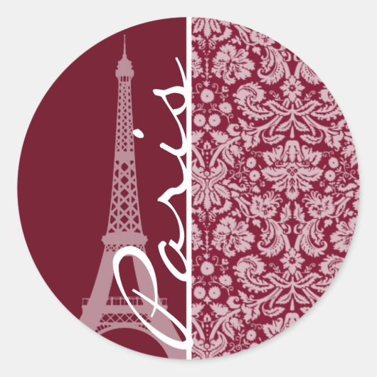 Burgund Damask Muster; Paris Runder Aufkleber (Vorderseite)