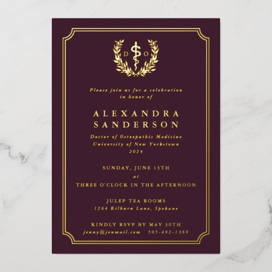 Burgund Doktor der Osteopathischen Medizin Abschlu Folieneinladung (Vorderseite)