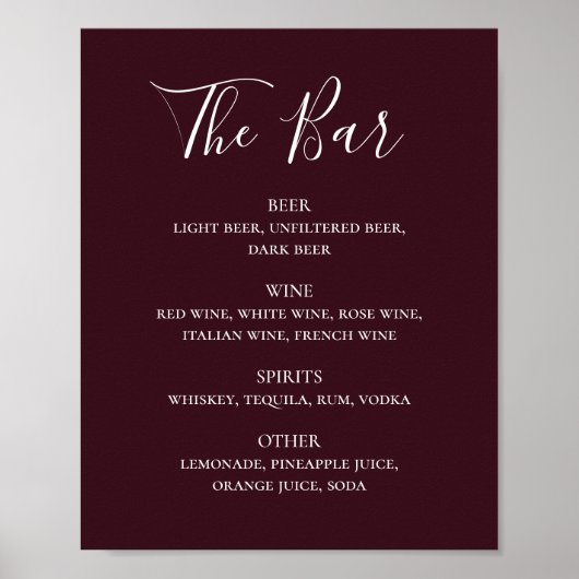 Burgund einfache Skript Hochzeitsgetränke Bar-Menü Poster (Vorne)
