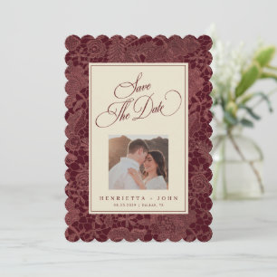Burgund-Elegant 2 Foto-Spitzen-Hochzeit Save The Date