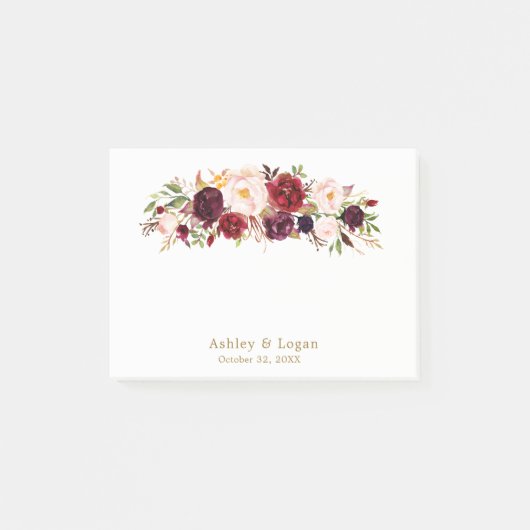 Burgund Elegant Floral Gold Hochzeit Post-it Notes Post-it Klebezettel (Vorderseite)