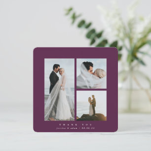 Burgund Elegant Quadratisch Drei Fotos Hochzeit Dankeskarte