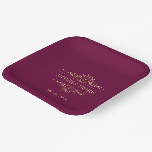 Burgund Elegant Rahmen Personalisierte Hochzeit Pappteller (Gewinkelt)