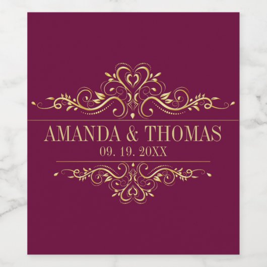Burgund Elegant Rahmen Personalisierte Hochzeit Weinetikett (Einzelnes Label)