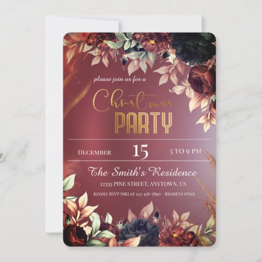 Burgund Elegante Blume, Magischer Weihnachtsmann Einladung (Vorderseite)