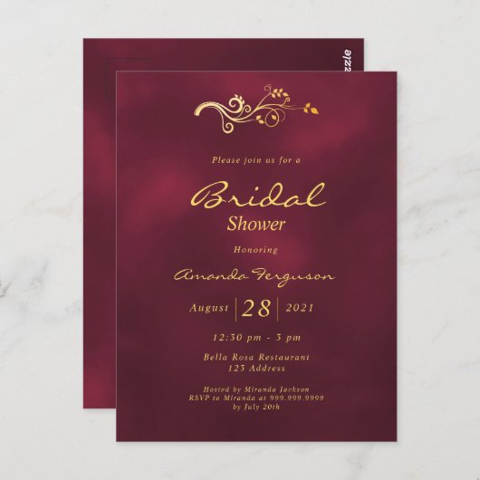 Burgund elegante klassische Brautdusche Einladung Postkarte (Vorne/Hinten)