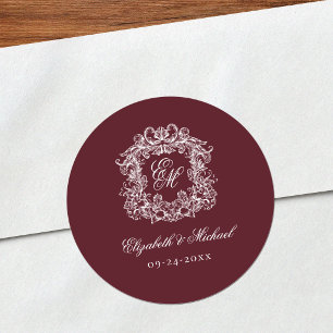 Burgund-elegante Vintage-Monogramm-Wappen-Hochzeit Runder Aufkleber