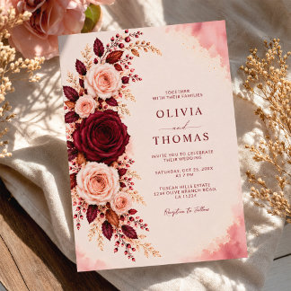 Burgund-Eleganz-Aquarell-Rosen-Hochzeit Einladung