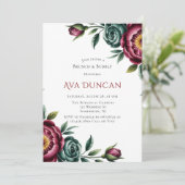 Burgund & Emerald Peony Winter Brunch & Bubbly Einladung (Stehend Vorderseite)