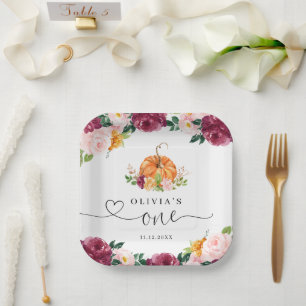 Burgund Fall florale Kleine Kürbis 1. Geburtstag Pappteller