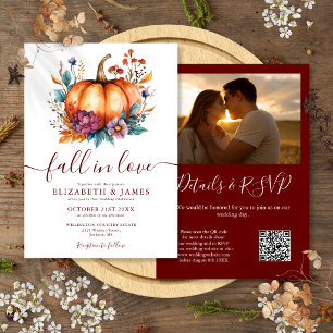 Burgund Fall In Love Kürbis Foto QR Hochzeit Einladung