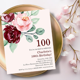 Burgund Floral 100. Budget Geburtstagseinladung