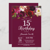 Burgund Floral 15. Geburtstagsparty Einladung (Vorne/Hinten)