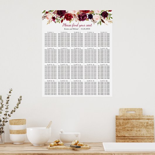 Burgund Floral 20 Tische Hochzeitstabelle Poster (Küche)