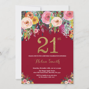 Burgund Floral 21. Geburtstag Einladung Gold