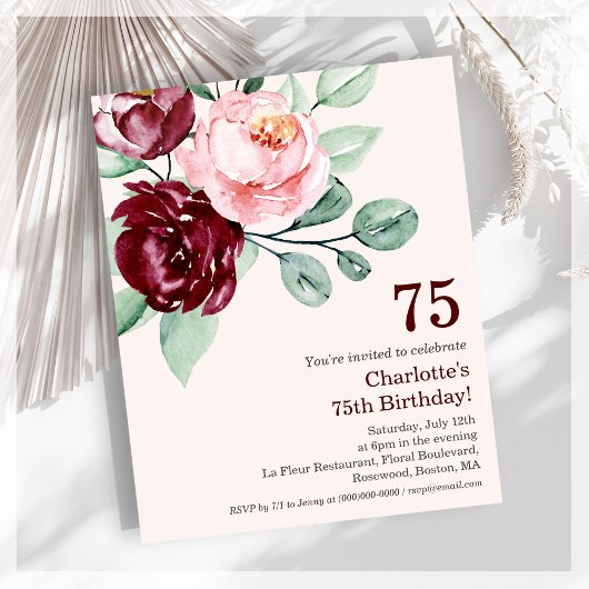 Burgund Floral 75. Budget Geburtstagseinladung