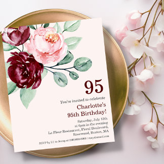 Burgund Floral 95. Budget Geburtstagseinladung