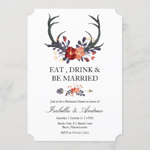 Burgund Floral Antlers Hochzeit Probe Dinner Einladung