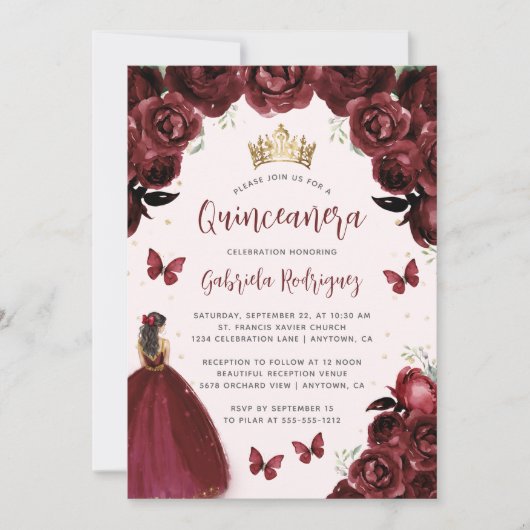 Burgund Floral Aquarell Prinzessin Quinceañera Einladung (Vorderseite)