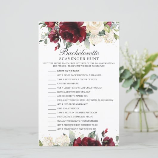 Burgund Floral Bachelorette Scavenger Jagdspiel (Stehend Vorderseite)