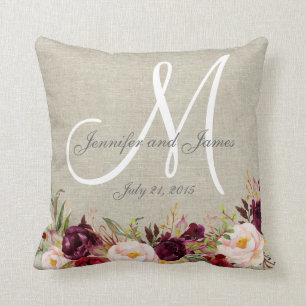 Burgund Floral Beige Leinencreme Kissen