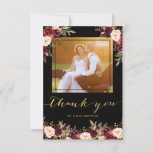 Burgund Floral Black Gold Foto Hochzeit Vielen Dan Dankeskarte