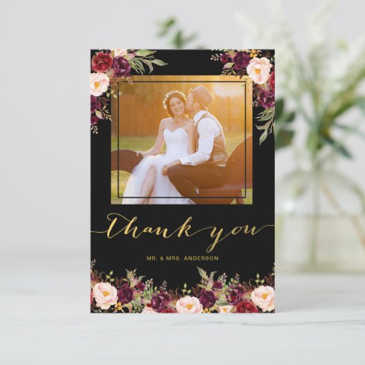 Burgund Floral Black Gold Foto Hochzeit Vielen Dan Dankeskarte (Stehend Vorderseite)