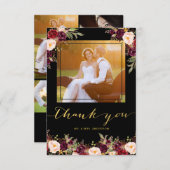 Burgund Floral Black Gold Foto Hochzeit Vielen Dan Dankeskarte (Vorne/Hinten)