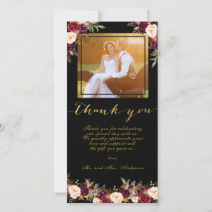 Burgund Floral Black Gold Foto Hochzeit Vielen Dan Dankeskarte