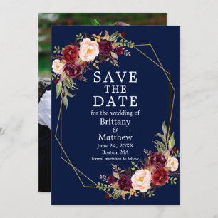 Burgund Floral Blue Gold Geframe Foto Save The Date