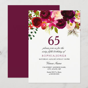 Burgund Floral Boho 65. Geburtstagsparty Einladung