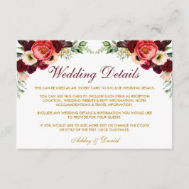 Burgund Floral Boho Hochzeitdetails Beipackkarte W Begleitkarte