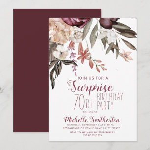 Burgund Floral Boho Vintag 70. Geburtstag Einladung